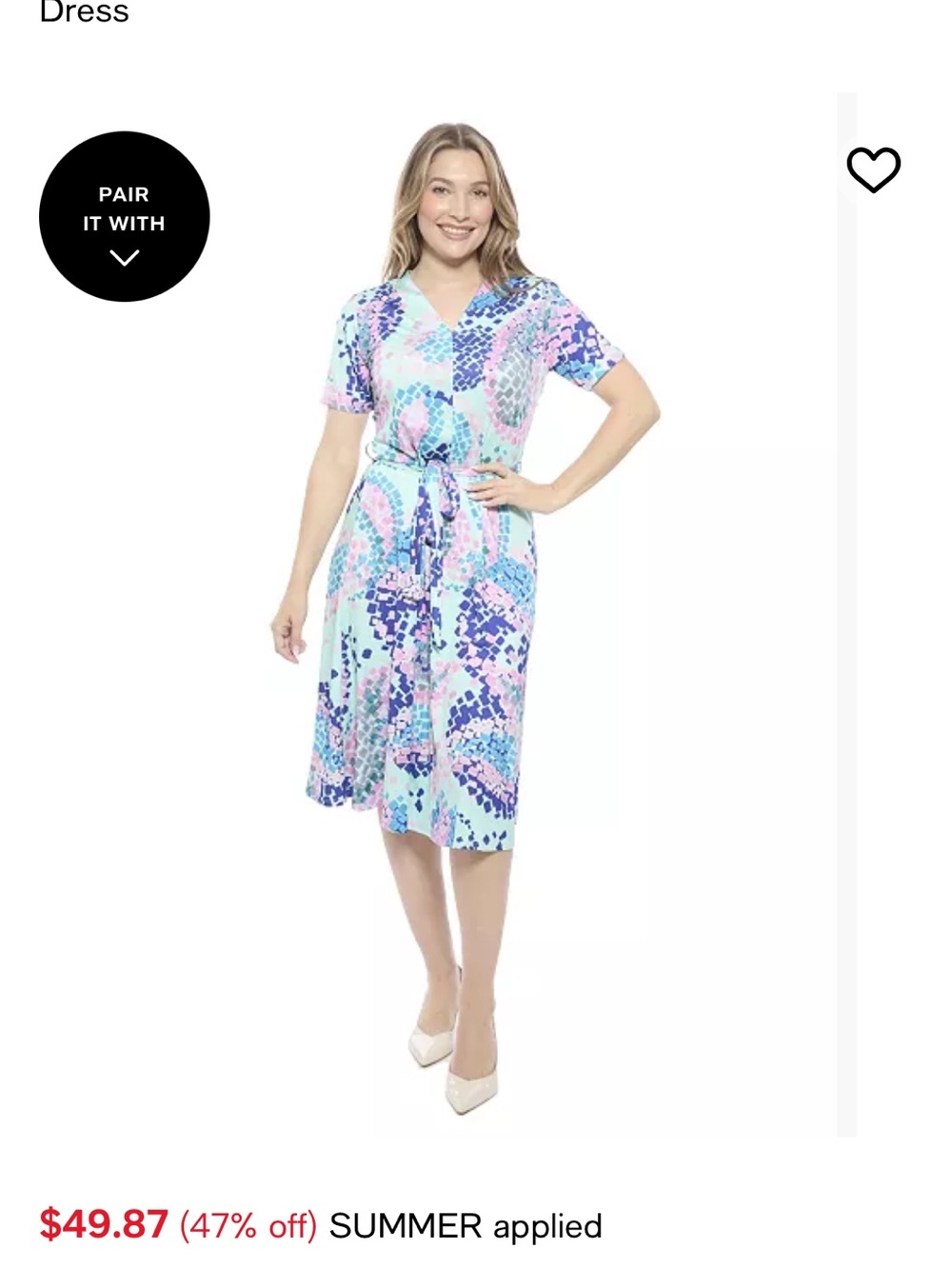 24seven Comfort Apparel Mint Mosaic Wrap Midi Dress with Pink & Navy Accents—NWT